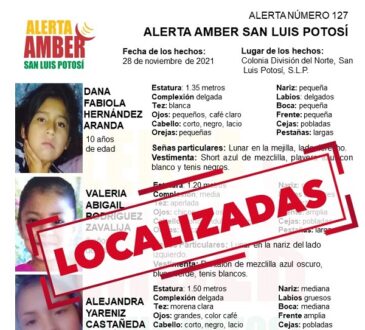 Alerta Amber localiza tres niñas buscadas en SLP