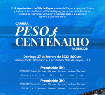 Invitan a Carrera Peso Centenario en su primera edición en Villa de Reyes.