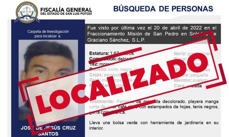 FGE reporta localización de un hombre de 20 años en San Luis Potosí